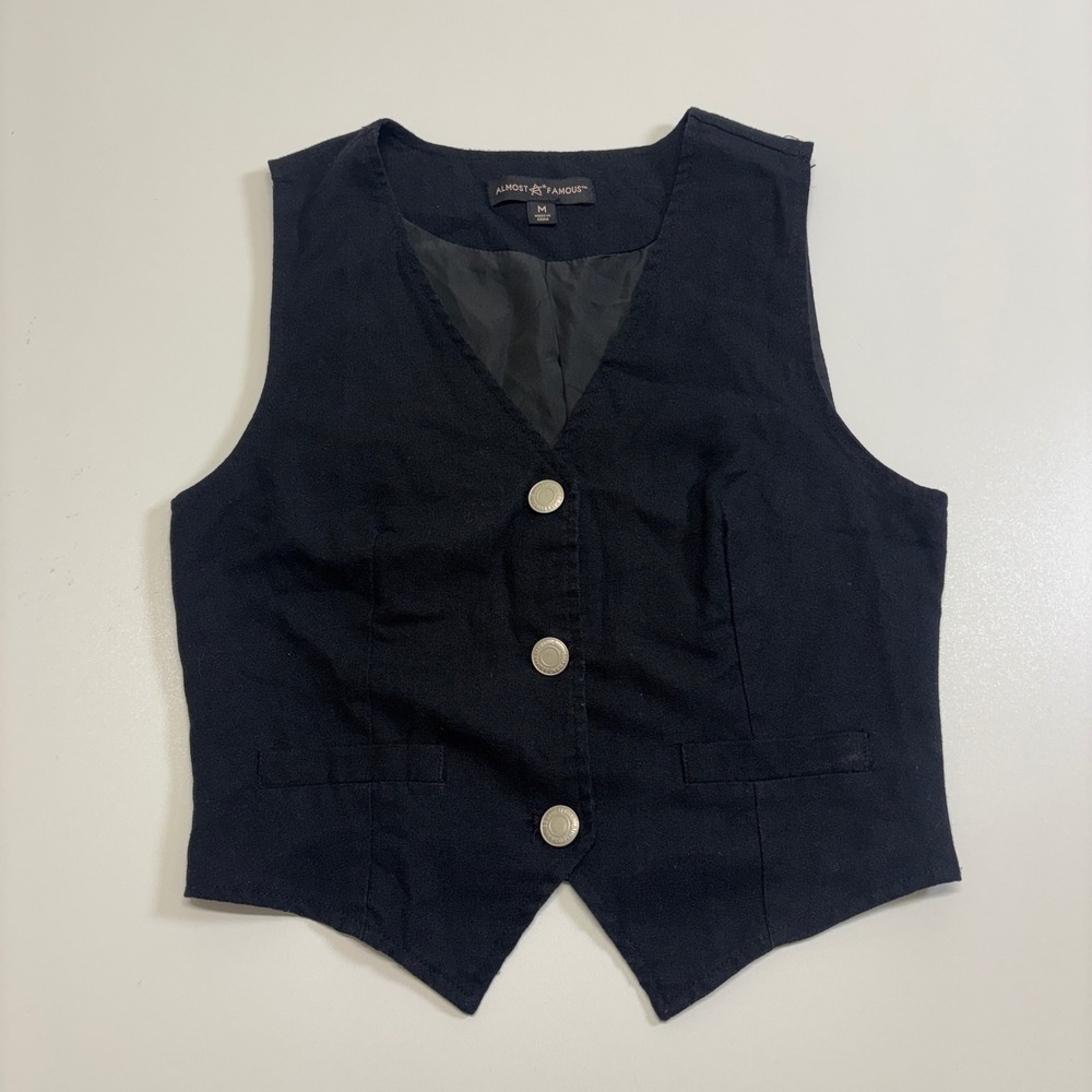 Almost Famous Womens M Black Linen Blend Fitted Button Vest Y2K Waistcoat